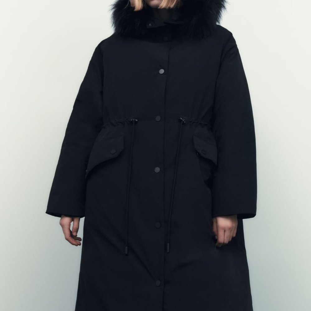 Zara Black Long Puffer Coat with Fur Hood